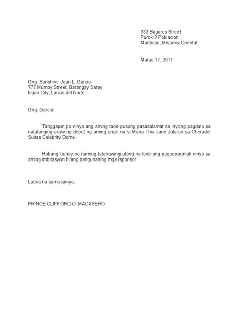 Liham Pasasalamat: Halimbawa Ng Liham .